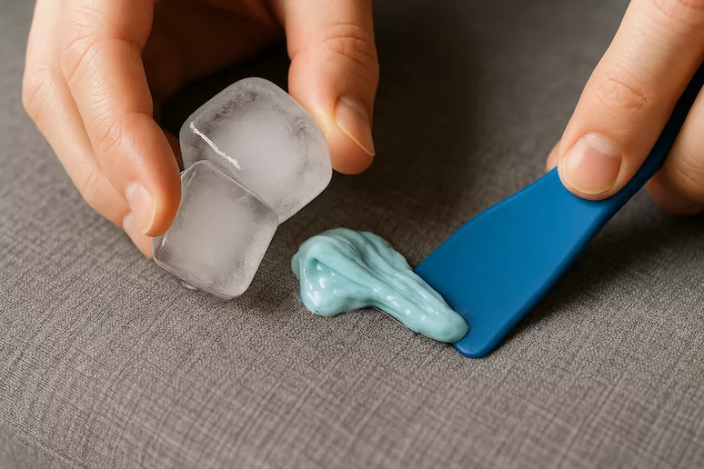 En närbild av en hand som försiktigt avlägsnar ett tuggummi från tyg med hjälp av isbitar och en plastskrapa
